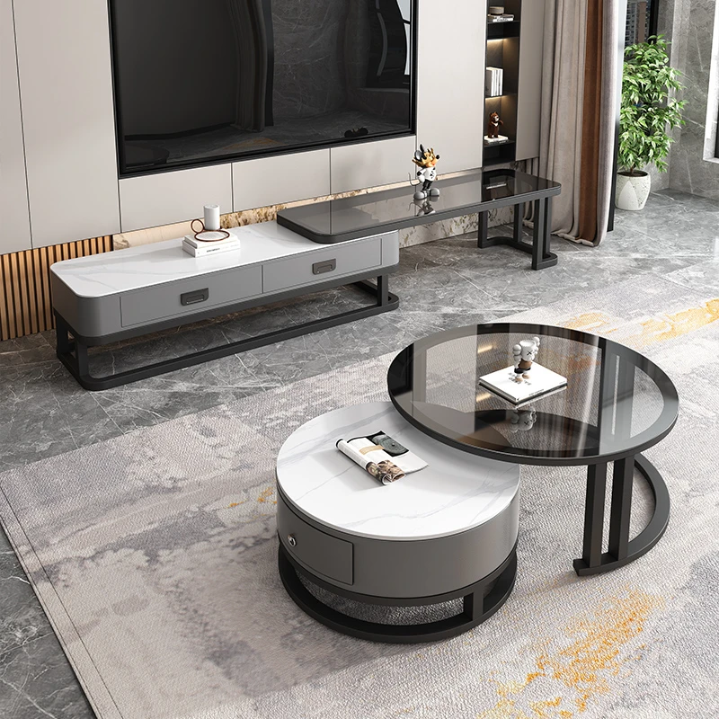 岩板圆形茶几轻奢网红款简约客厅家用烤漆松木储物北欧可伸缩组装