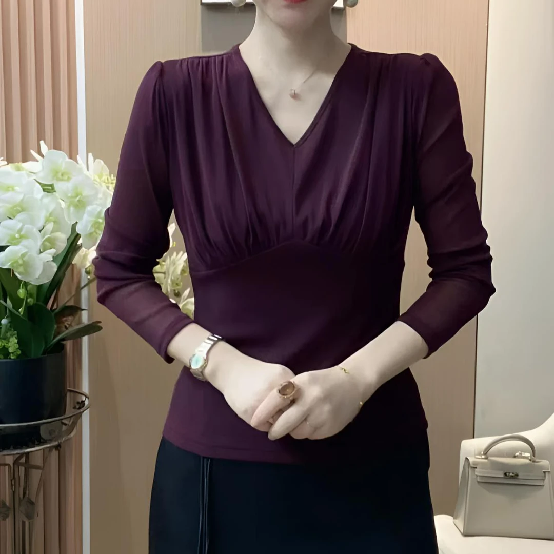 2024秋季新款时尚长袖洋气百搭气质V领修身显瘦减龄纯色小衫