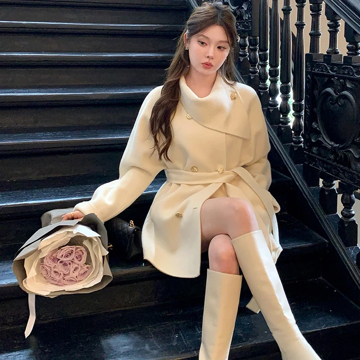 【24176】围脖领收腰显瘦中长款毛呢外套女