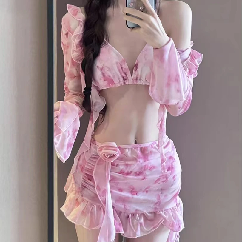 分体泳衣碎花小清新四件套比基尼温泉泳衣