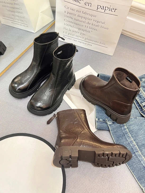 时尚复古手抓纹厚底短靴女英伦风显瘦中跟百搭马丁靴瘦瘦靴