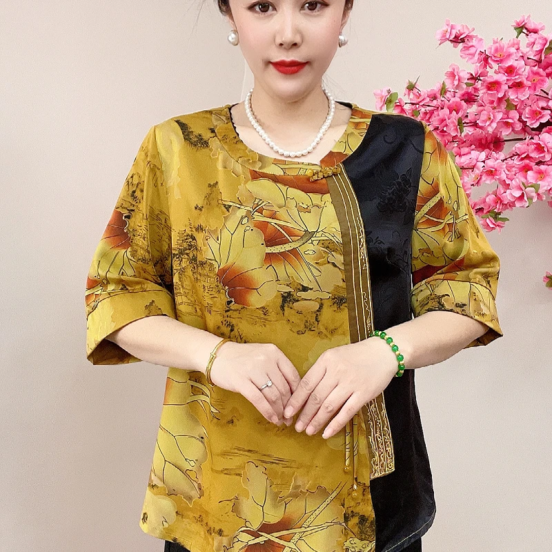 309 新款夏季缎面高档女装 拼接圆领盘扣精品妈妈装T恤网红流行款