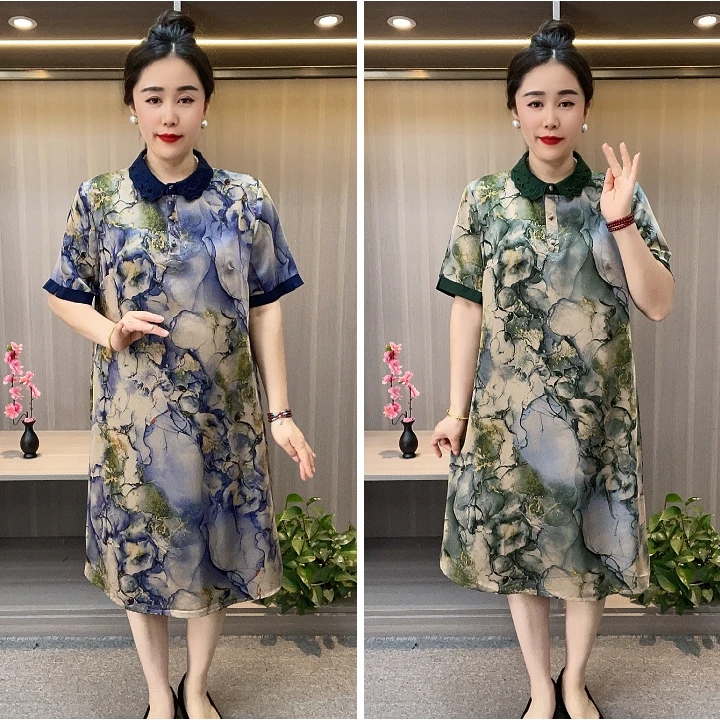 莫奈花园风清凉大码中长款显瘦高档连衣裙妈妈装国风中老年服装