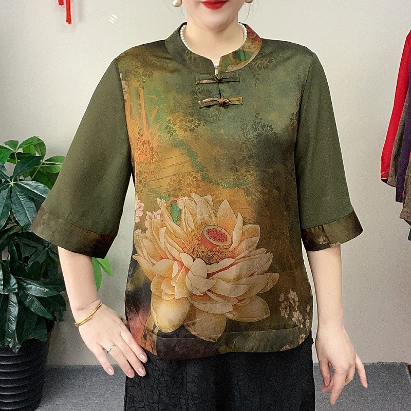 301春夏薄款薄荷曼波中老年服装女士立领定位花女装妈妈装50-60岁
