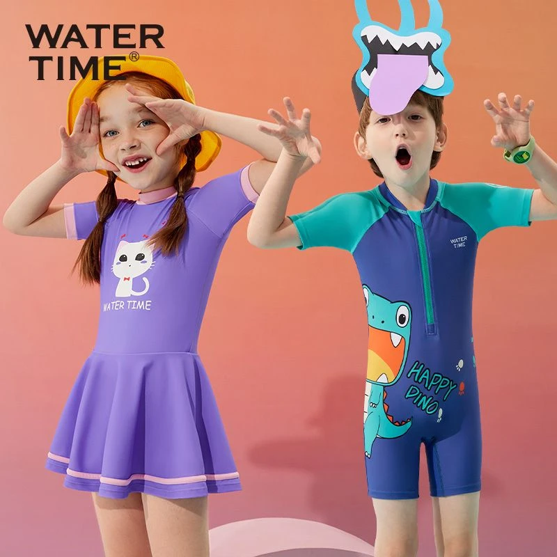 WaterTime儿童泳衣女孩防晒长袖连体速干可爱男童小童海边沙滩