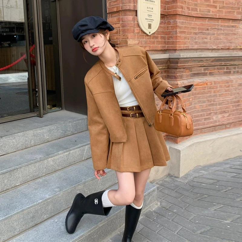 鹿皮绒024新款秋季美拉德穿搭一整套盐系百褶裙