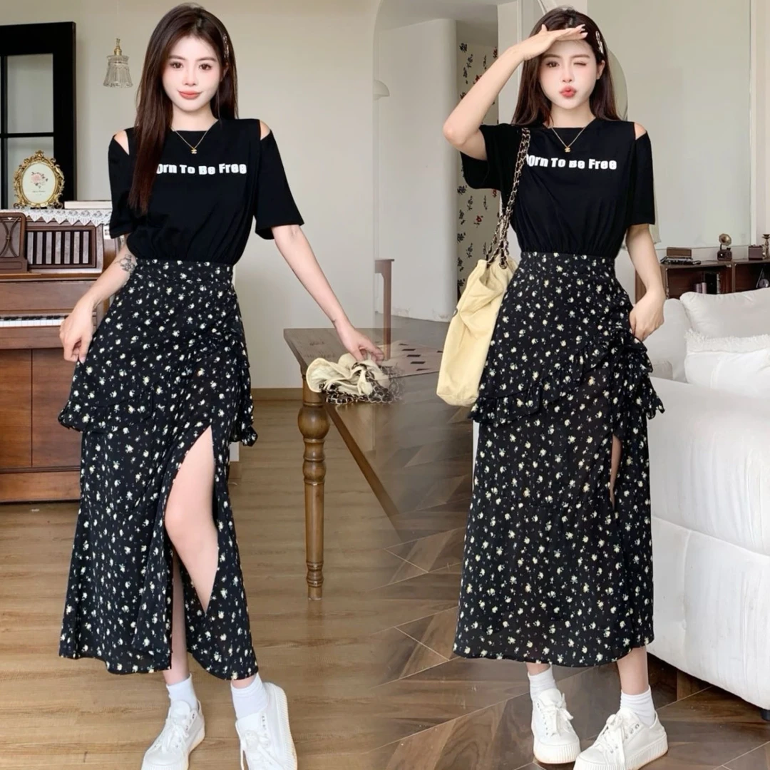 2024新款女装夏夜花语连衣裙假两件开衩显瘦收腰正肩开叉连衣裙