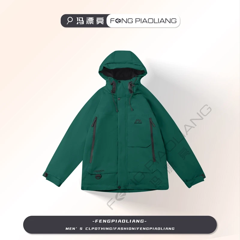 绿色【山系三合一冲锋衣】冬季加绒加厚潮流工装大口袋外套棉衣502