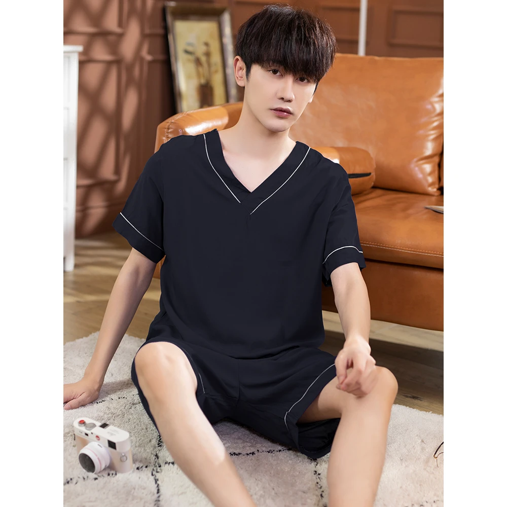 青少年棉绸短袖短裤夏季空调家居服套装绵绸薄款人造棉男士睡衣