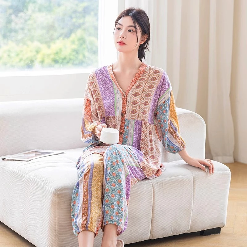 棉绸睡衣女春秋款妈妈长袖人造棉家居服夏季薄款大码绵绸开衫套装