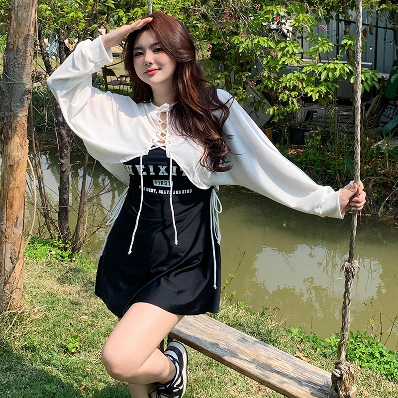 泳衣大码胖mm遮肉分体运动长袖裙式三件套度假防晒温泉200斤显瘦