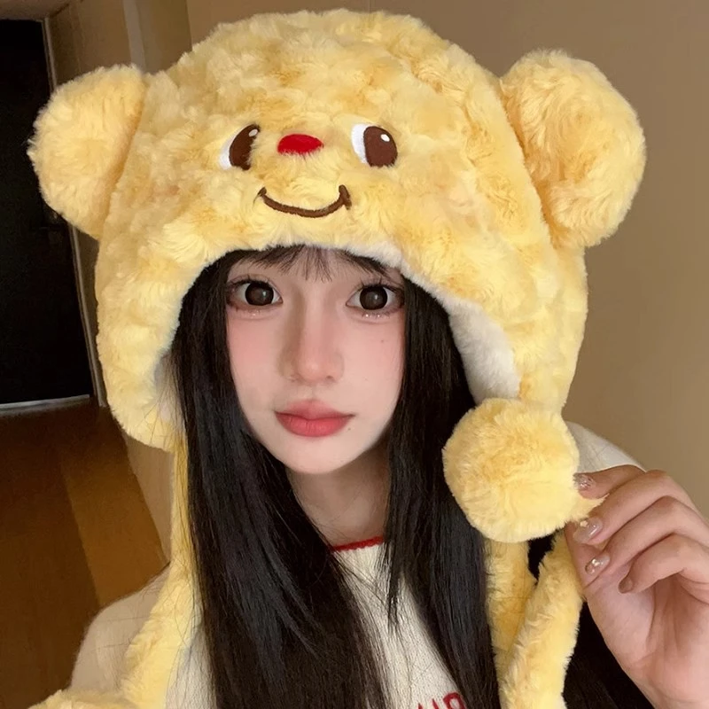 黄油小熊帽子可爱毛绒雷锋帽女显脸小2024冬季保暖防寒百搭针织帽