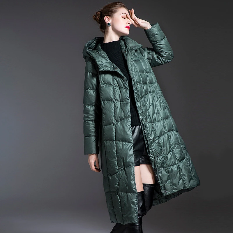 高品质时尚90白鸭绒羽绒服中长款过膝加厚连帽保暖飘逸个性外套潮