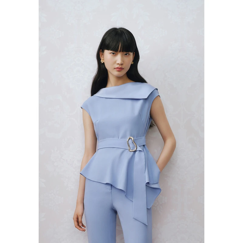 奥丽嘉朵2023夏季新款蓝色不规则衣摆假腰带设计女上衣1C63270050