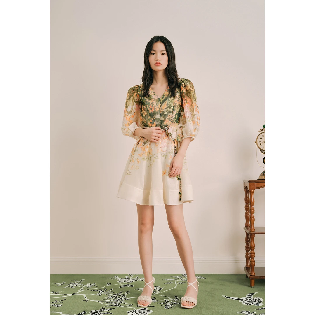 OBBLIGATO奥丽嘉朵米森林繁花印花灯笼袖连衣裙1C34105400