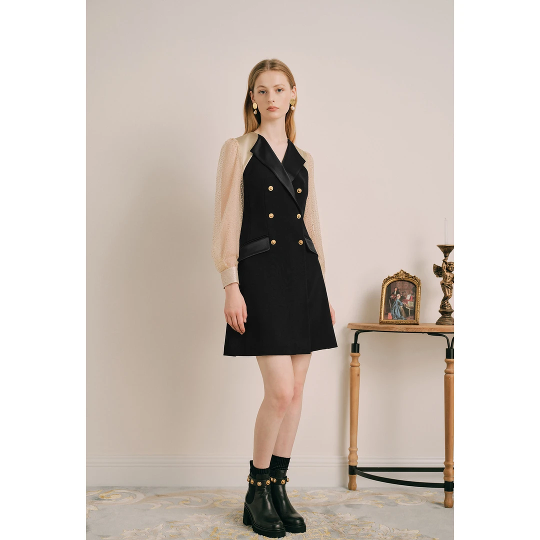 OBBLIGATO奥丽嘉朵金葱波点薄纱袖拼接西装连衣裙1C33305070