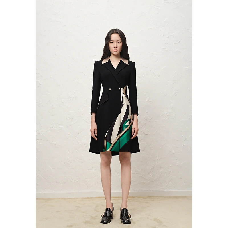 OBBLIGATO奥丽嘉朵2022冬季金标黑色绿丝巾花连衣裙1C32505270