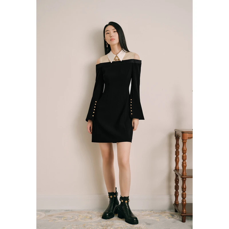 OBBLIGATO奥丽嘉朵2023秋季金标黑色一字领喇叭连衣裙1C33305050