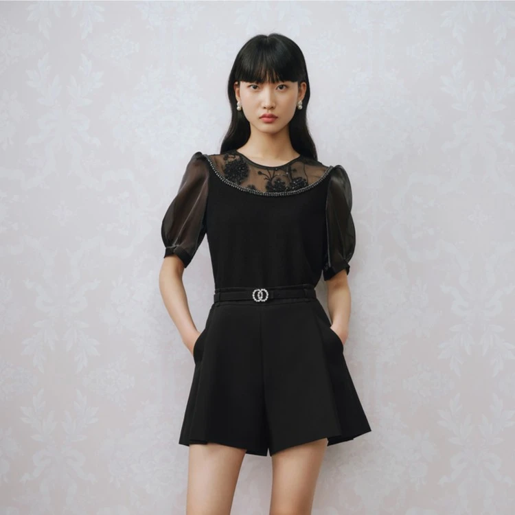 OBBLIGATO奥丽嘉朵2023夏季新款黑色流光纱袖子毛织衫1C63206040
