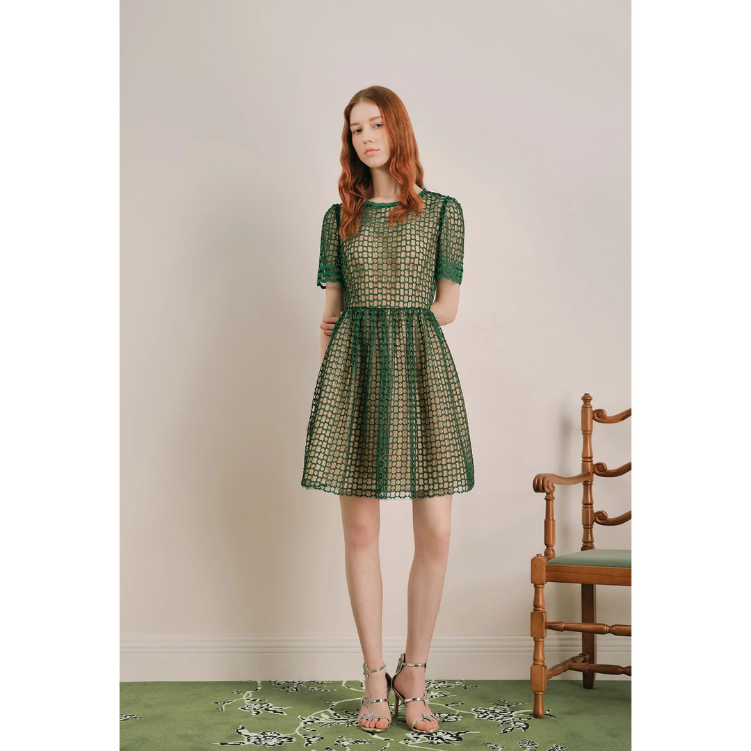 OBBLIGATO奥丽嘉朵深绿水溶镂空烫金绣连衣裙1C34205480