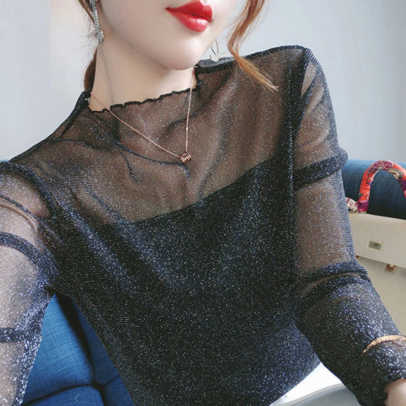 2024春季百搭小衫显瘦闪光丝长袖T恤上衣新款打底衫女半高领亮丝