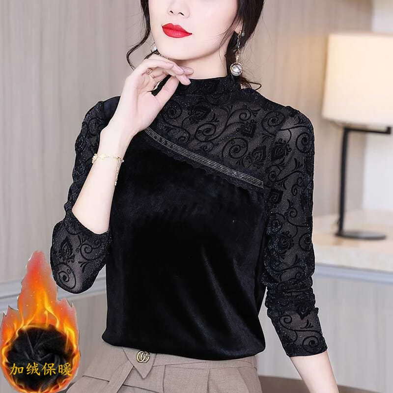 薄款/加绒金丝绒上衣秋2024新款植绒网纱修身半高领丝绒打底衫