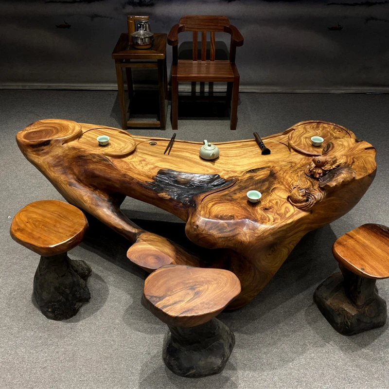 原木根雕茶台实木茶桌雕刻工艺树桩茶几尺寸167-76-52cm客厅配套