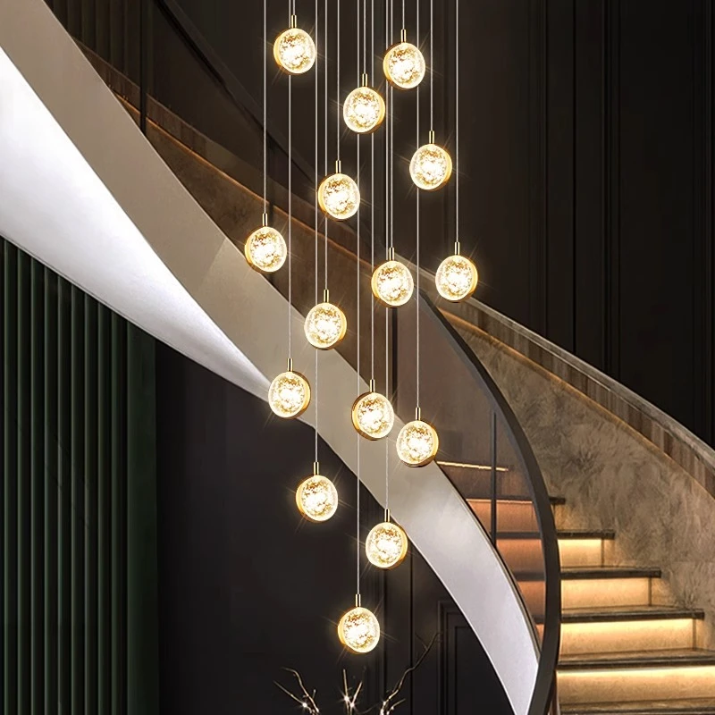 水晶楼梯吊灯现代轻奢别墅复式楼气泡球简约跃层loft小公寓长吊灯