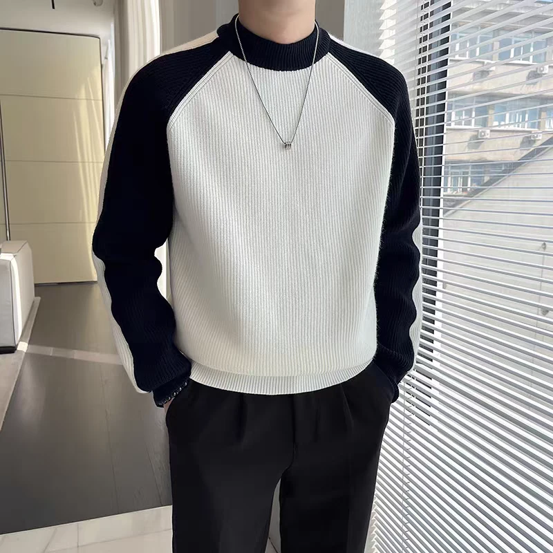 2025冬季新款圆领套头毛衣男拼接撞色针织打底衫潮流男装百搭上衣