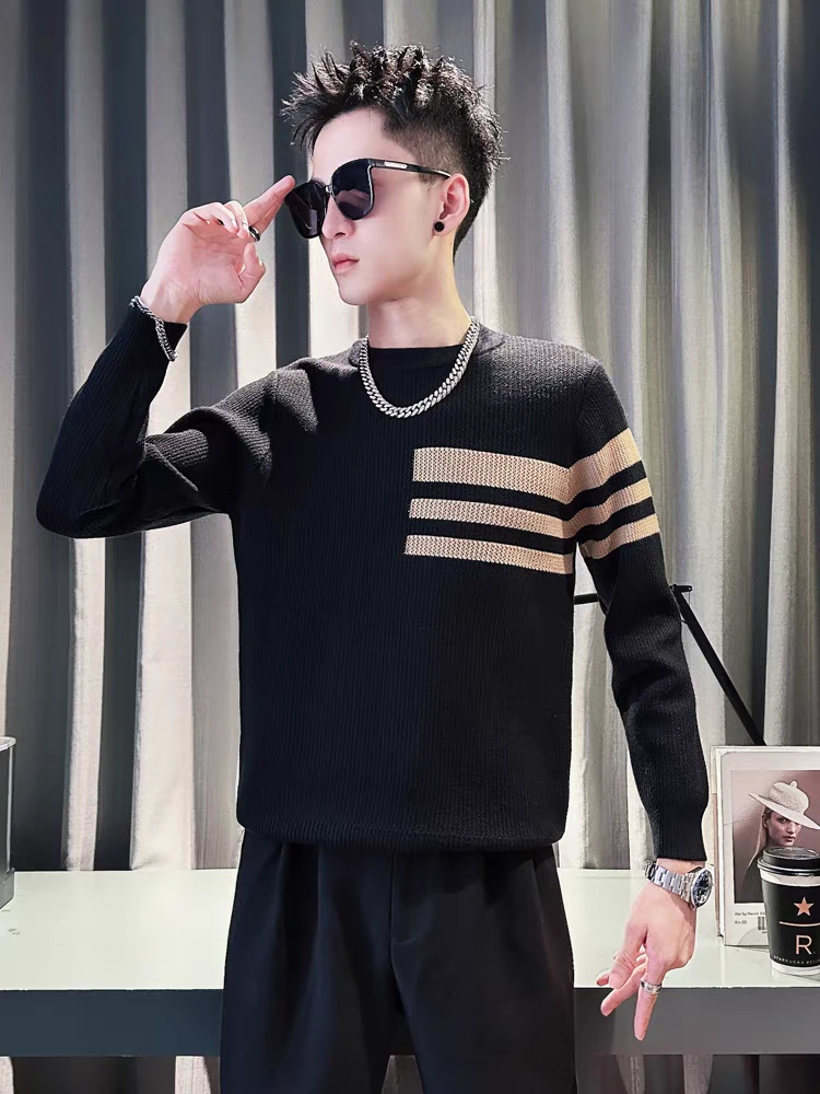 条纹百搭毛衣男秋冬季痞帅修身内搭线衣打底衫2024新款潮牌针织衫