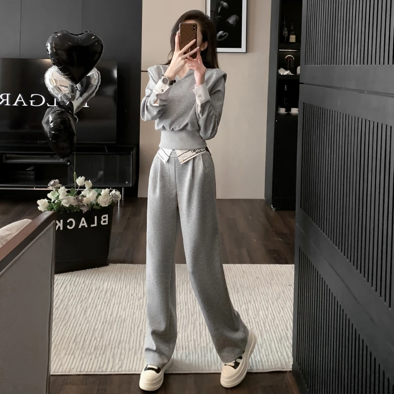 3690春秋时尚套装两件套宽松灰色高腰秋冬秋季运动裤子洋气卫衣