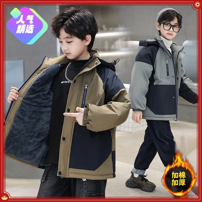 男童冬装外套男童军大衣中大童冬款中长款连帽保暖加厚棉服洋气