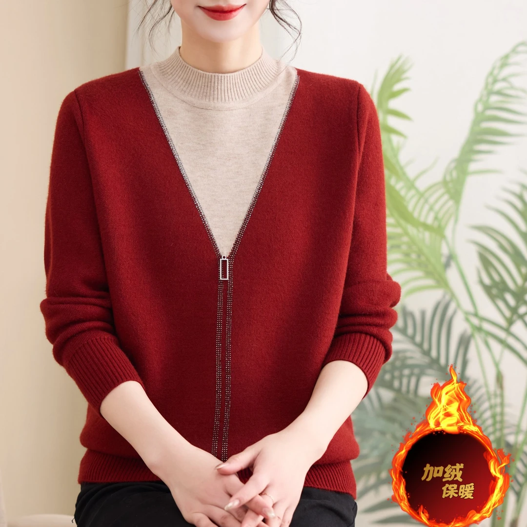 妈妈冬装加绒加厚红色毛衣新年装过年衣服中老年人女本命年打底衫