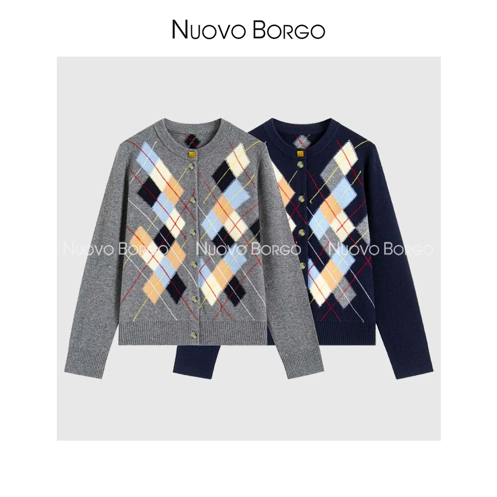 Nuovo Borgo 经典菱格纹立体方块彩绘图案羊毛针织衫开衫上衣0606