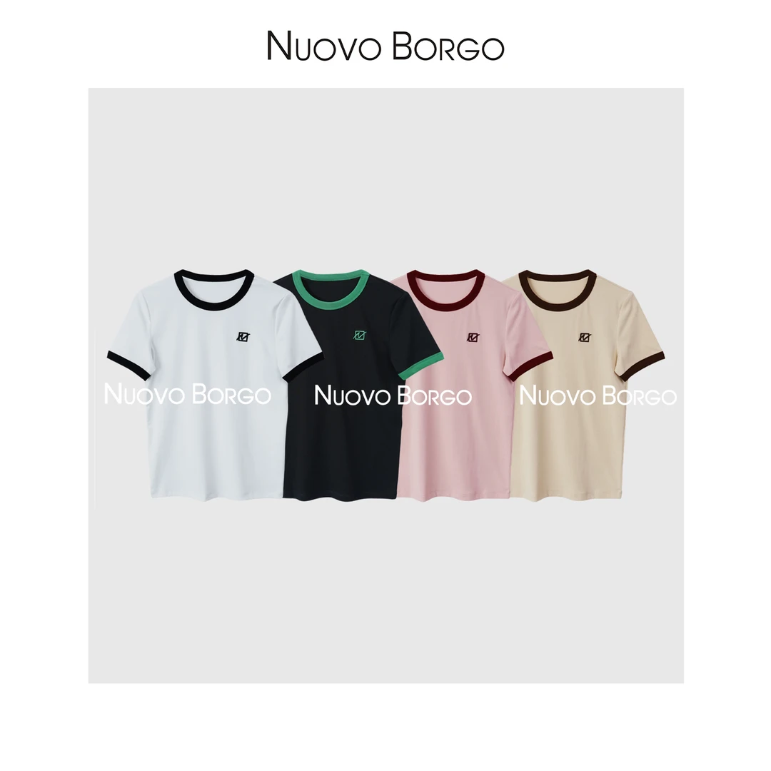 Nuovo Borgo 撞色圆领短袖T恤女士宽松显瘦休闲刺绣上衣J140/0003