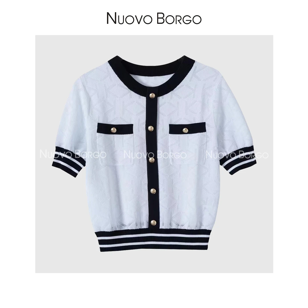 Nuovo Borgo S84/0004 小香风圆领黑白撞色气质金扣短袖针织衫