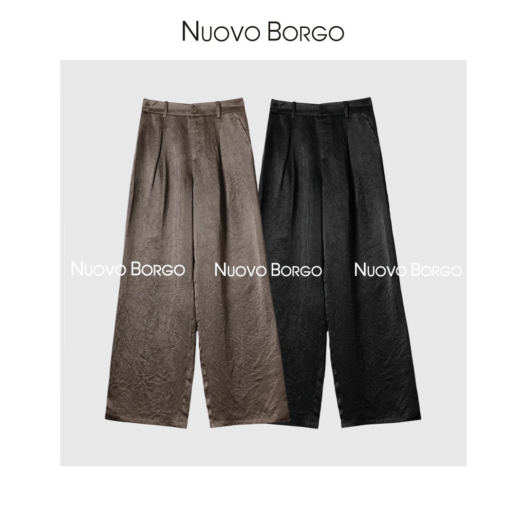 Nuovo Borgo 醋酸褶皱缎面休闲垂感阔腿裤薄款休闲长裤W195/86615