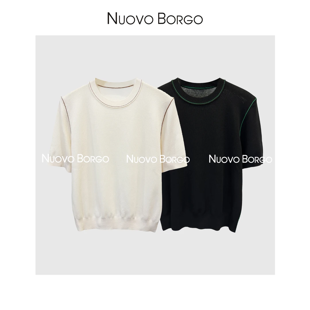 Nuovo Borgo 撞色边轻薄短袖针织衫舒适亲肤圆领显瘦T恤S113/0013