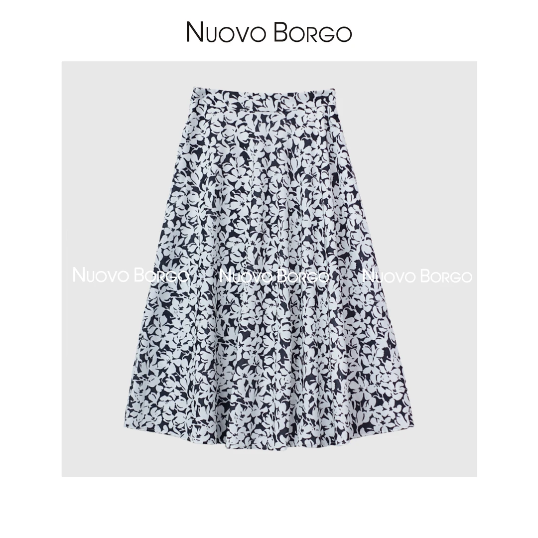 Nuovo Borgo 春夏黑白印花半身裙修身显瘦中长裙碎花伞裙D26/0096
