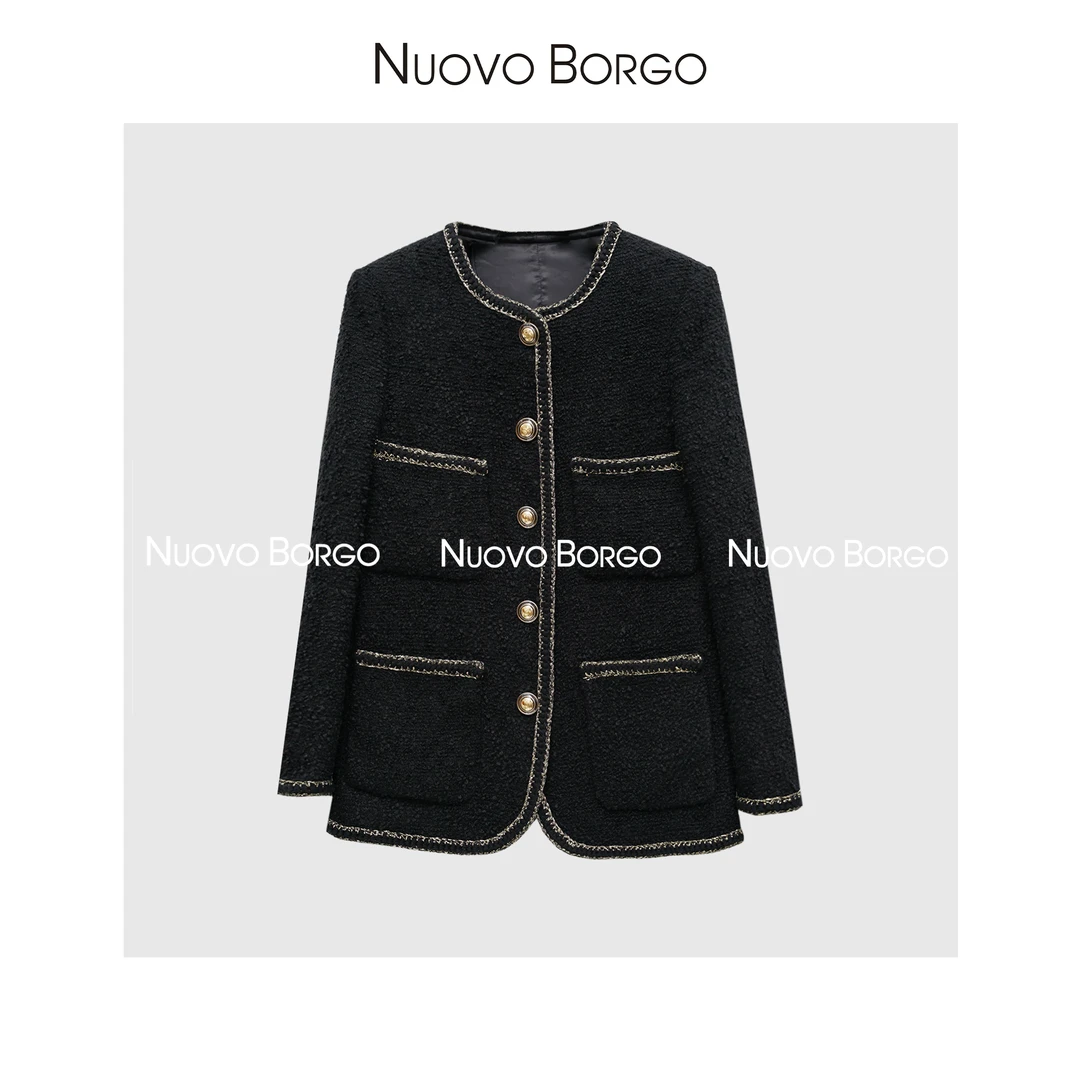 NuovoBorgo Z06/1765 粗花呢镶金丝编织小香风羊毛开衫外套中长款