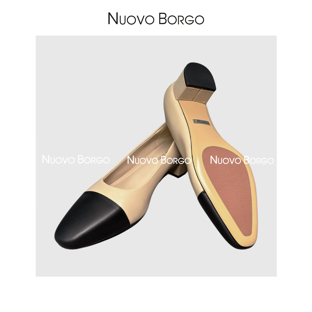 Nuovo Borgo 小香风浅口时尚通勤拼色率性真皮中跟女单鞋X76/6070