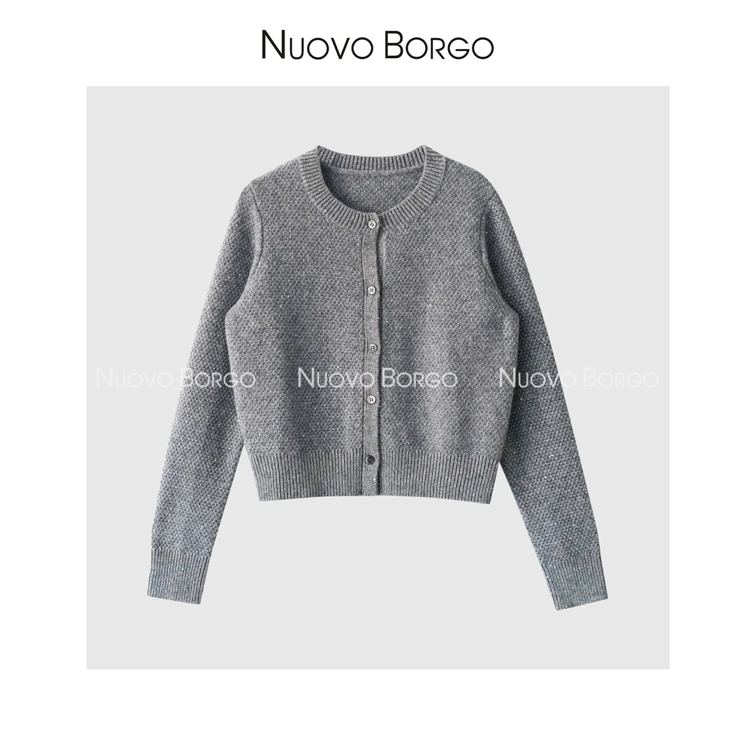 Nuovo Borgo 圆领长袖亮片美丽诺羊毛针织开衫满天星外套上衣1779