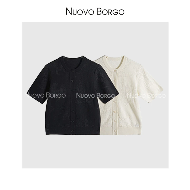 Nuovo Borgo 圆领重工时尚气质提花针织短袖开衫上衣 S84/18399