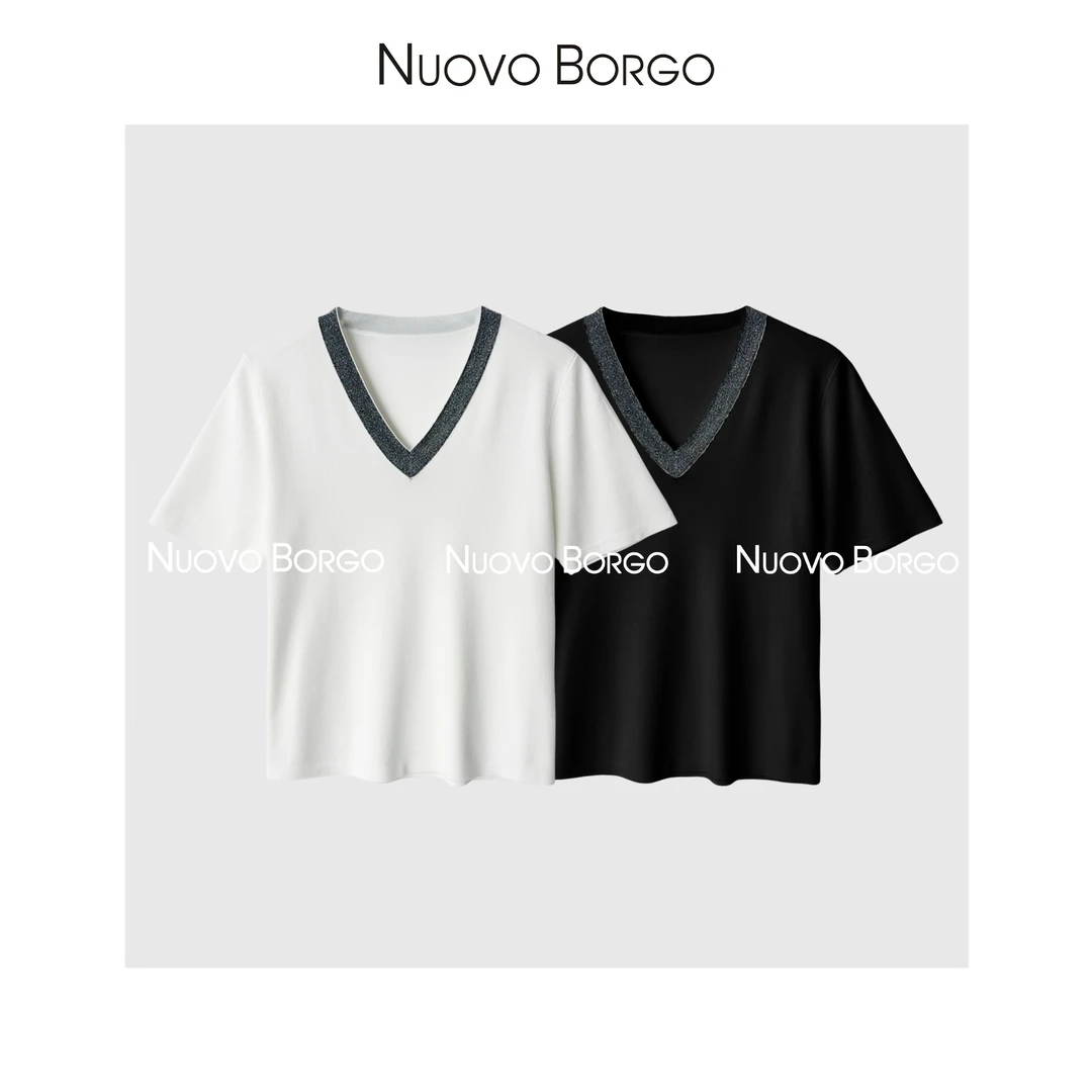 NuovoBorgo 夏季V领闪亮拼色针织衫弹力修身短袖T恤上衣S113/0109