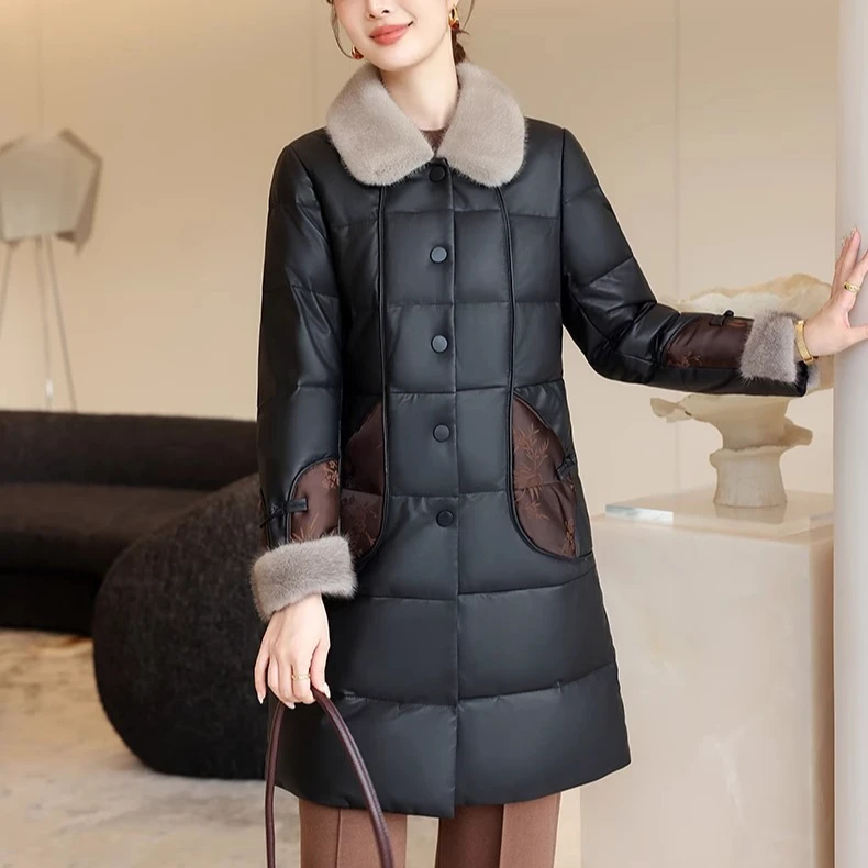 2024冬新款海宁真皮加厚羽绒服妈妈装水貂毛领绵羊皮中式国风外套