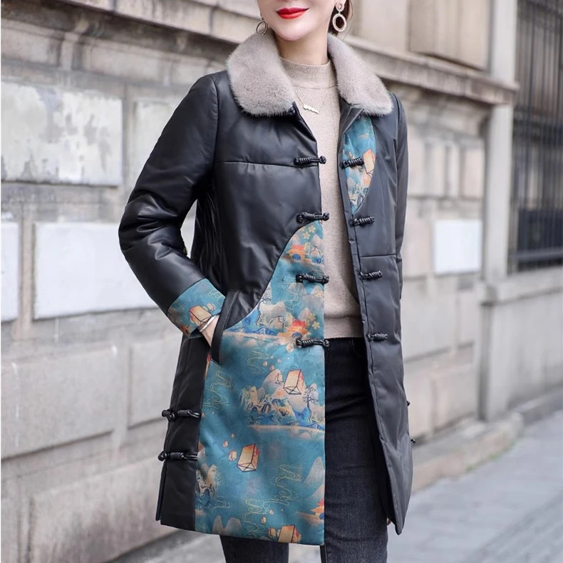 真皮羽绒服女2025冬季新款中长款新中式国风绵羊皮配花皮衣外套