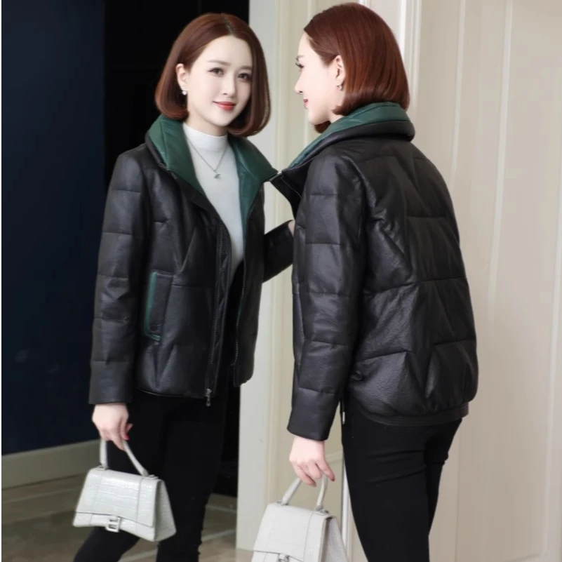 海宁真皮羽绒服女2024冬季新款时尚撞色石头纹头层绵羊皮短外套