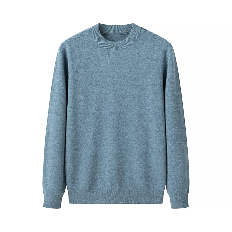 男士长袖针织休闲百搭纯色圆领秋冬浅蓝羊毛衫