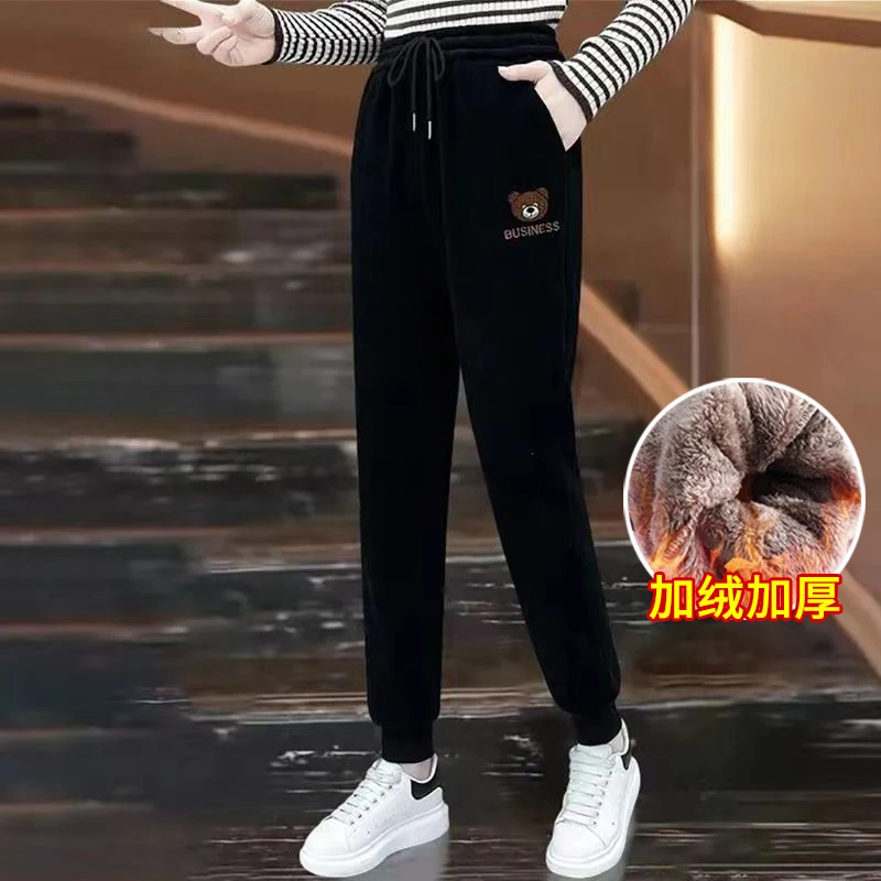 2024年秋冬季新款加绒加厚束脚休闲裤女宽松长毛卫裤时尚运动裤子