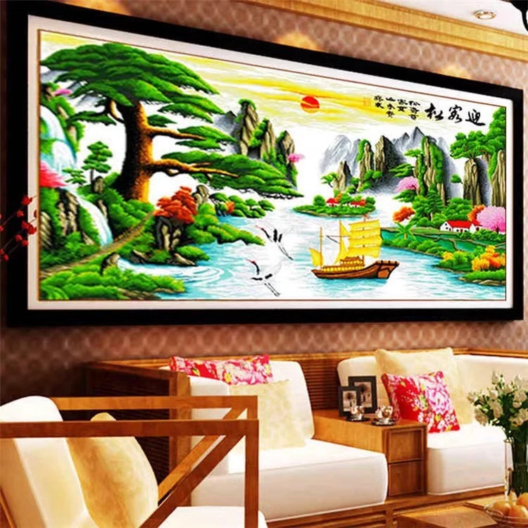 纯手工十字绣成品迎客松财运版帆船山水风景客厅挂画已绣好的出售